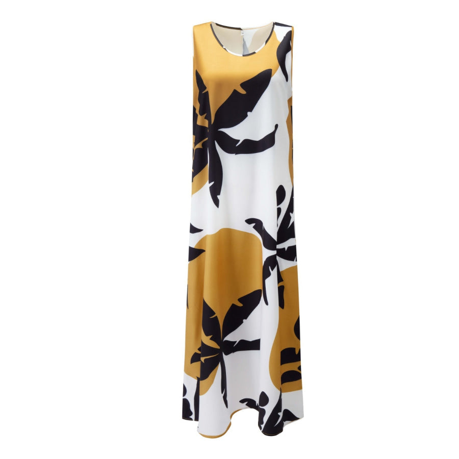 Printed Round Neck Mini Tank Dress Mustard / S Apparel and Accessories