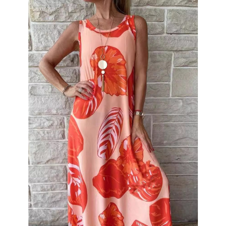 Printed Round Neck Mini Tank Dress Orange / S Apparel and Accessories