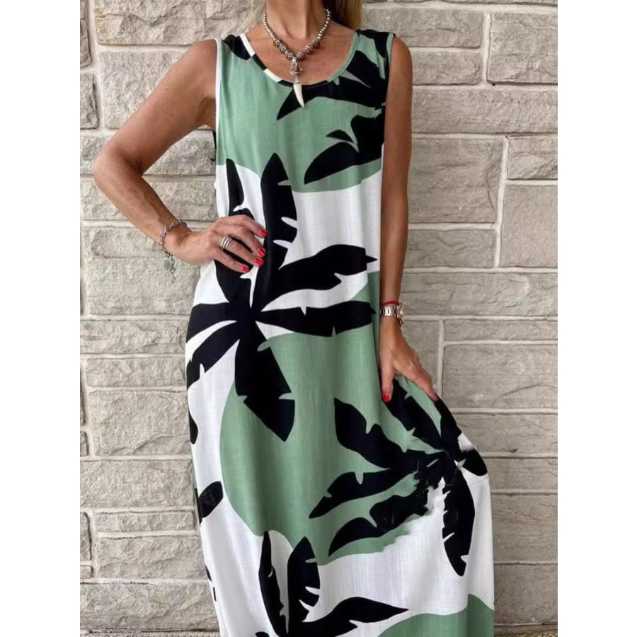 Printed Round Neck Mini Tank Dress Sage / S Apparel and Accessories