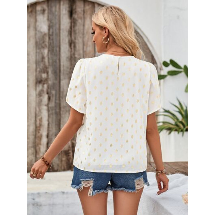 Printed Round Neck Petal Sleeve Blouse Apparel and Accessories