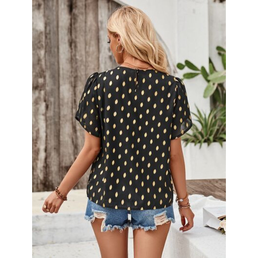 Printed Round Neck Petal Sleeve Blouse Black / S Apparel and Accessories