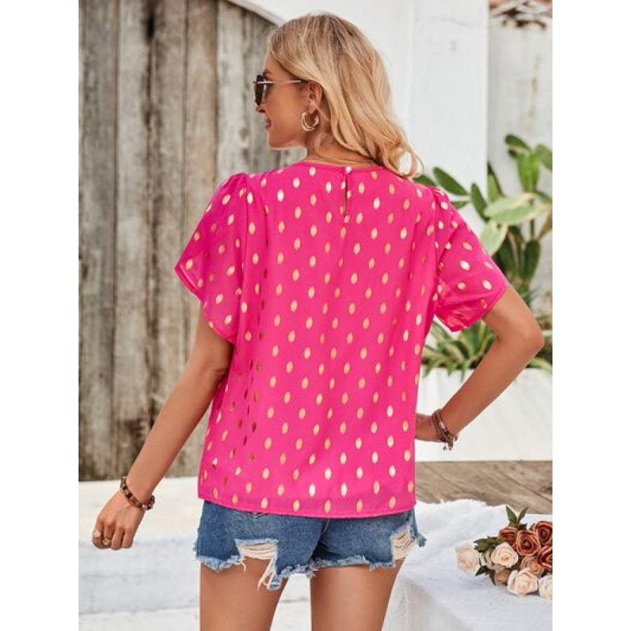 Printed Round Neck Petal Sleeve Blouse Apparel and Accessories