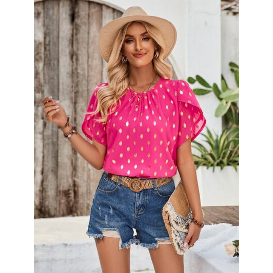 Printed Round Neck Petal Sleeve Blouse Apparel and Accessories