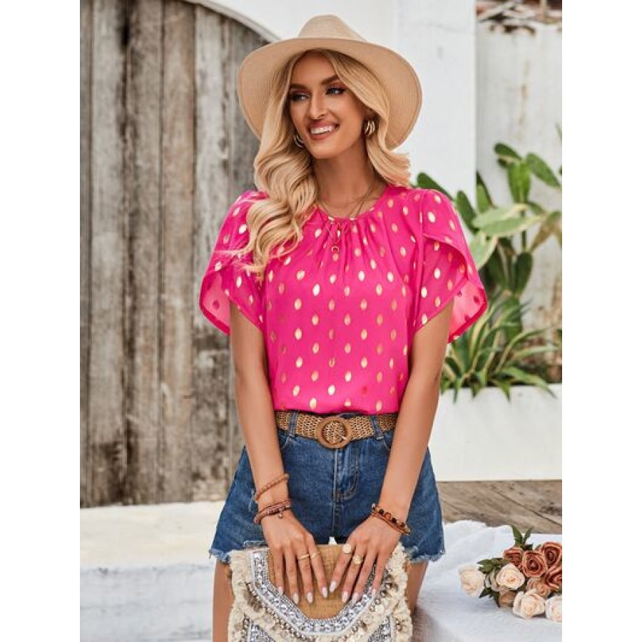 Printed Round Neck Petal Sleeve Blouse Hot Pink / S Apparel and Accessories