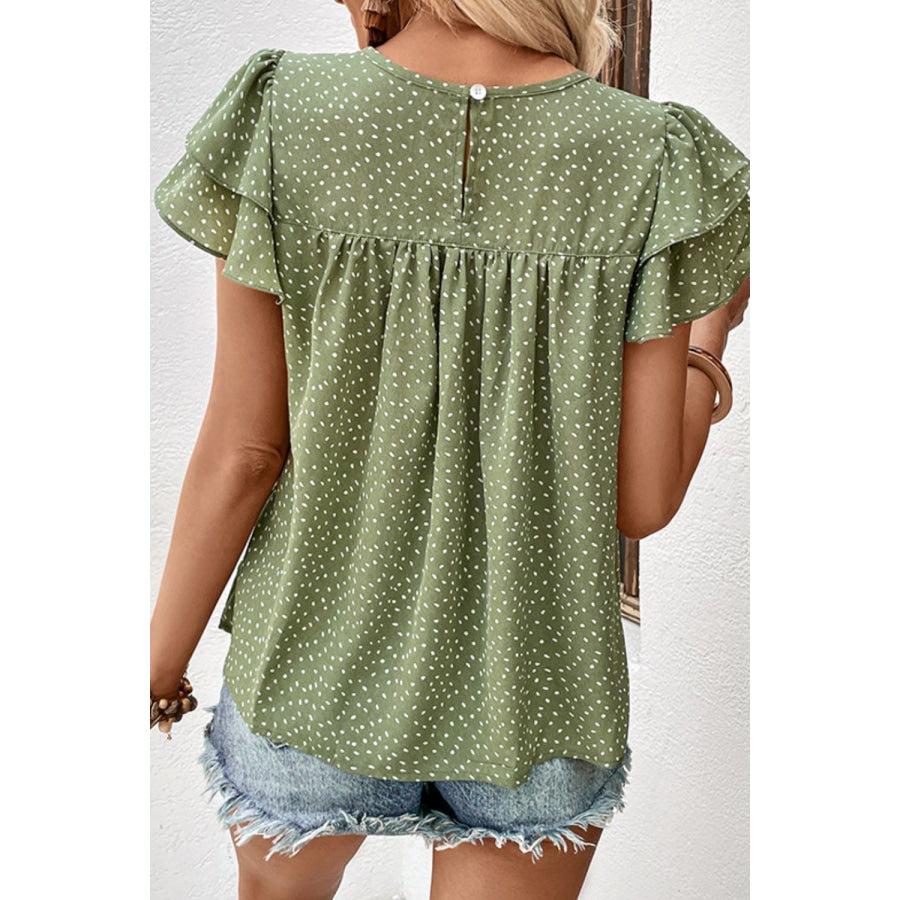 Printed Round Neck Puff Sleeve Blouse Apparel and Accessories