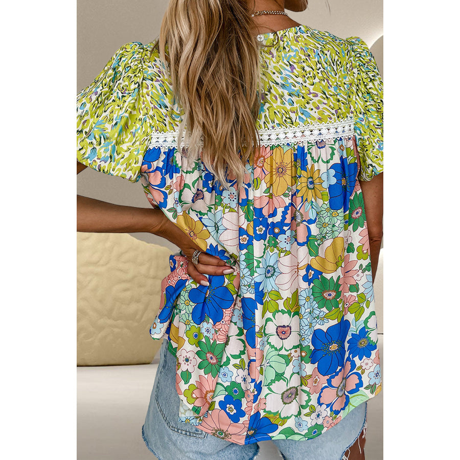 Printed Round Neck Puff Sleeve Blouse Apparel and Accessories