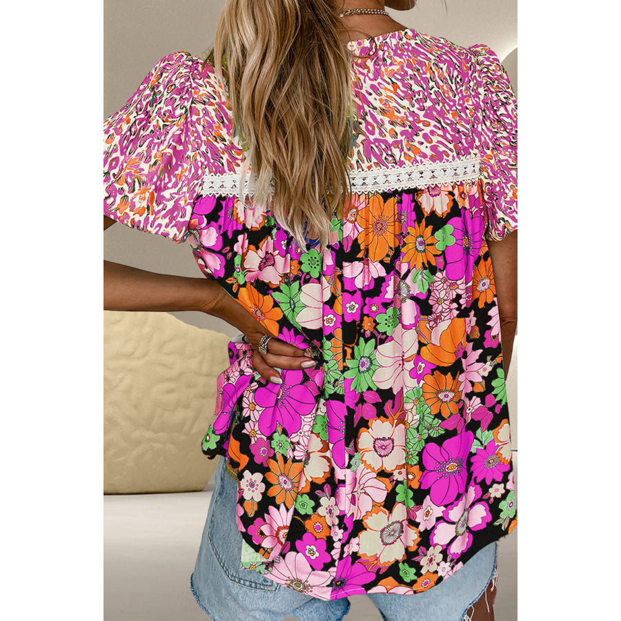 Printed Round Neck Puff Sleeve Blouse Apparel and Accessories