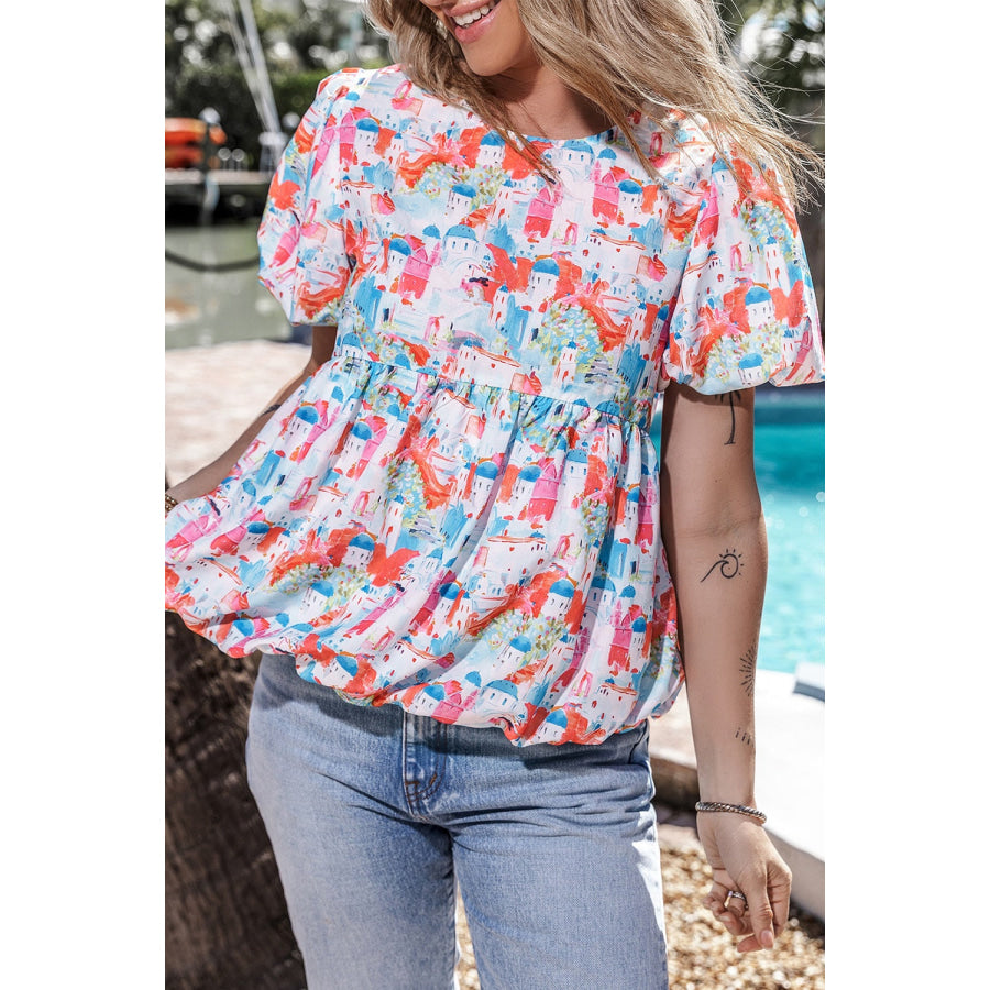 Printed Round Neck Puff Sleeve Blouse Apparel and Accessories