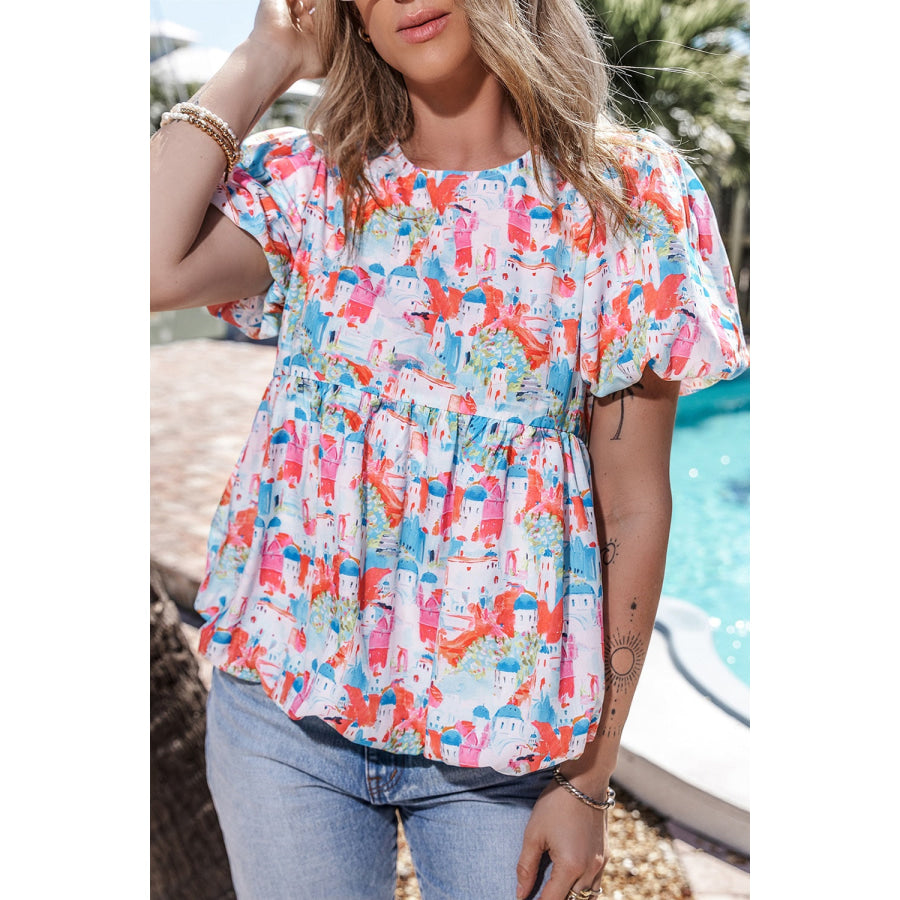 Printed Round Neck Puff Sleeve Blouse Apparel and Accessories