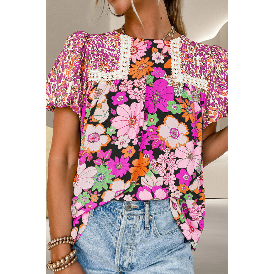 Printed Round Neck Puff Sleeve Blouse Cerise / S Apparel and Accessories