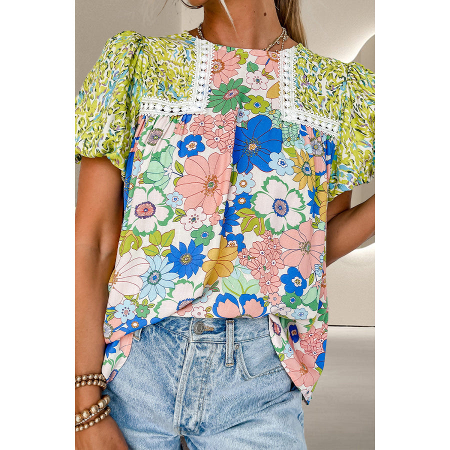 Printed Round Neck Puff Sleeve Blouse Lime / S Apparel and Accessories