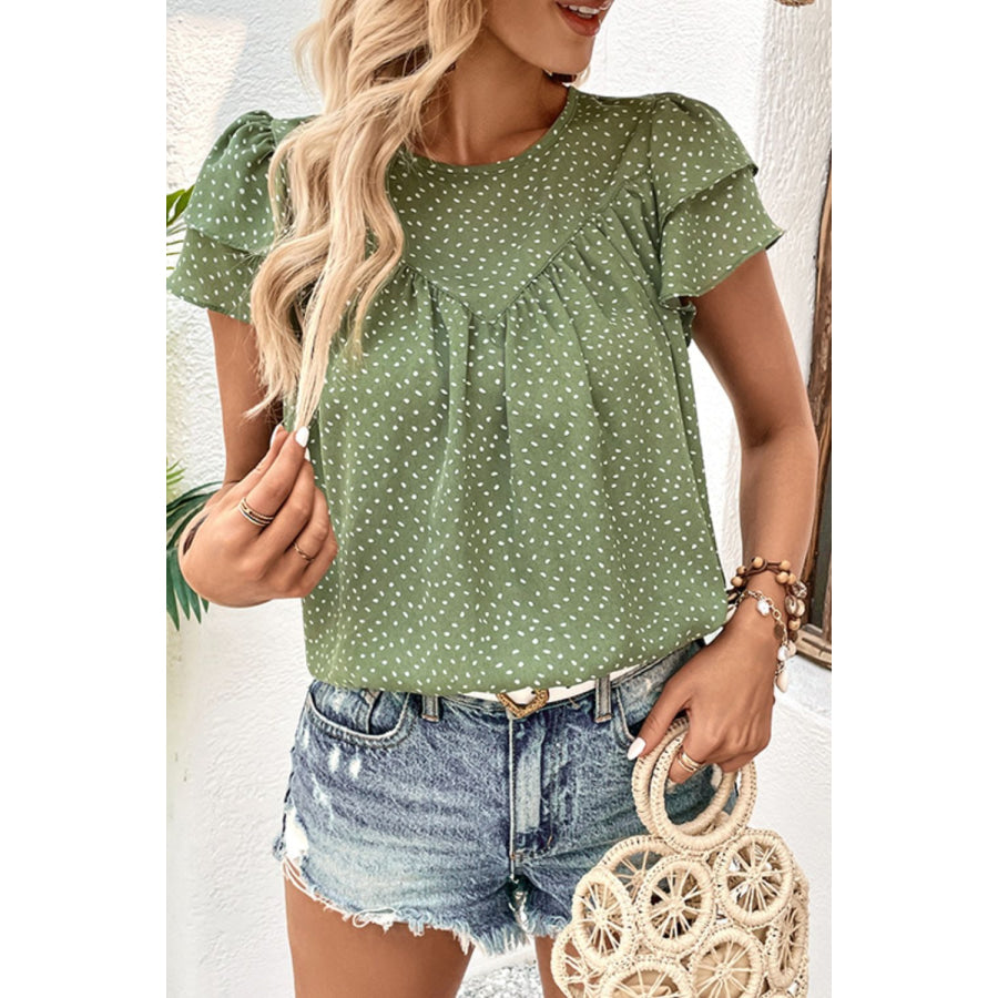 Printed Round Neck Puff Sleeve Blouse Matcha Green / S Apparel and Accessories