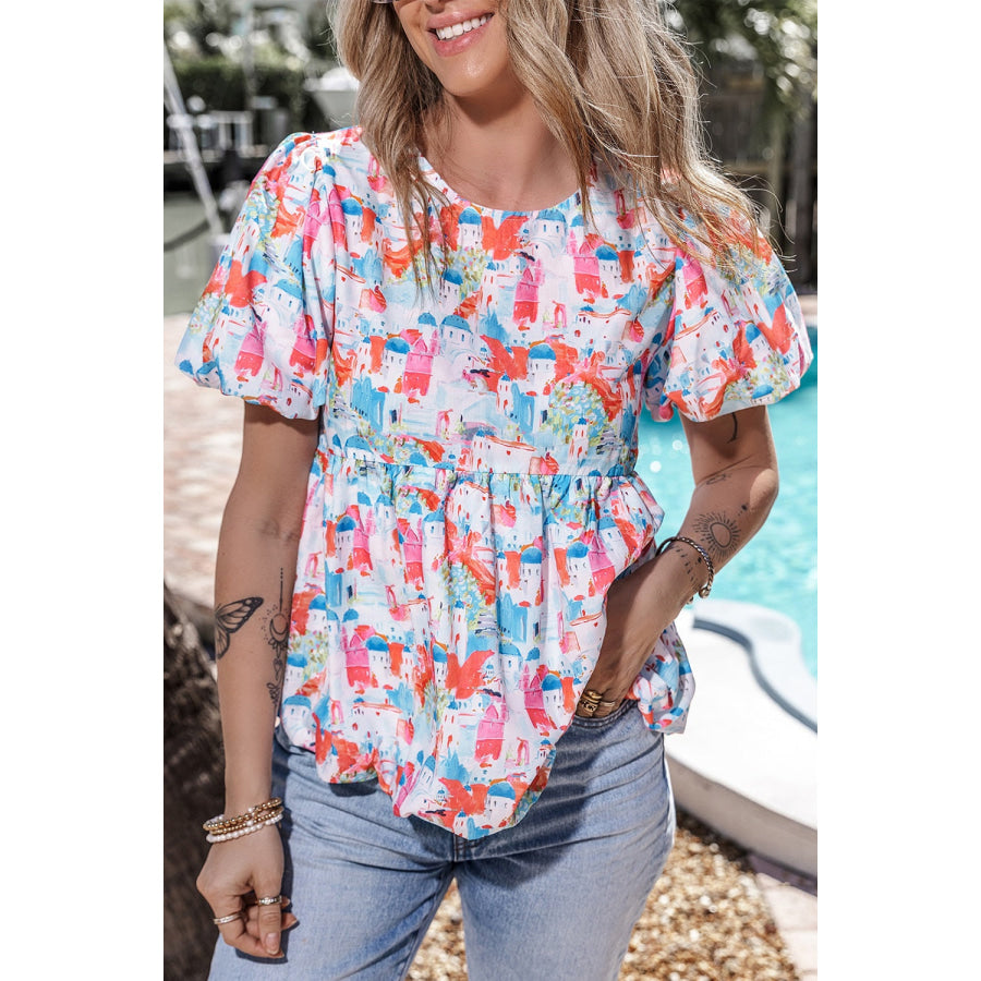 Printed Round Neck Puff Sleeve Blouse Multicolor / S Apparel and Accessories
