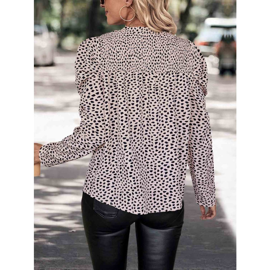 Printed Round Neck Puff Sleeve Blouse Dust Storm / S