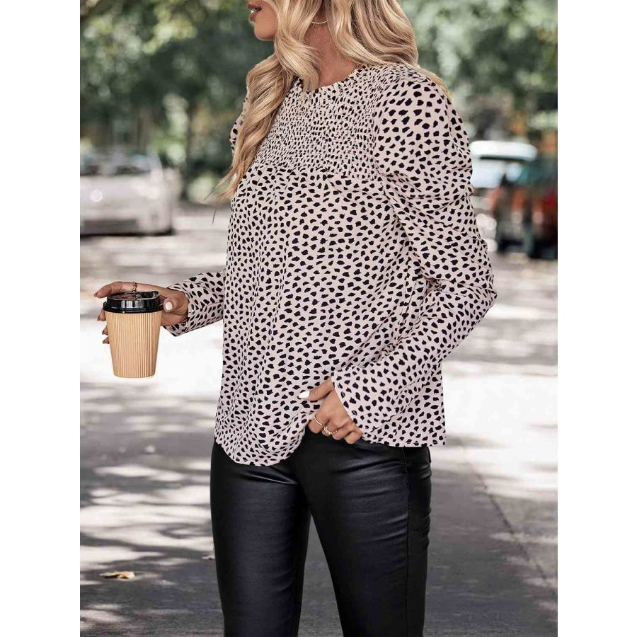 Printed Round Neck Puff Sleeve Blouse