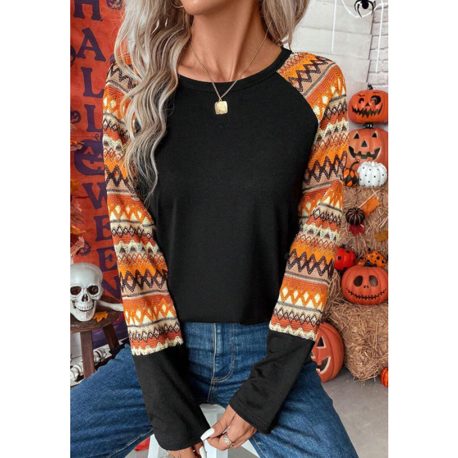 Printed Round Neck Raglan Sleeve Blouse Apparel and Accessories