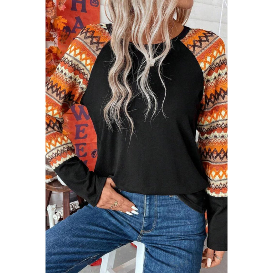 Printed Round Neck Raglan Sleeve Blouse Apparel and Accessories