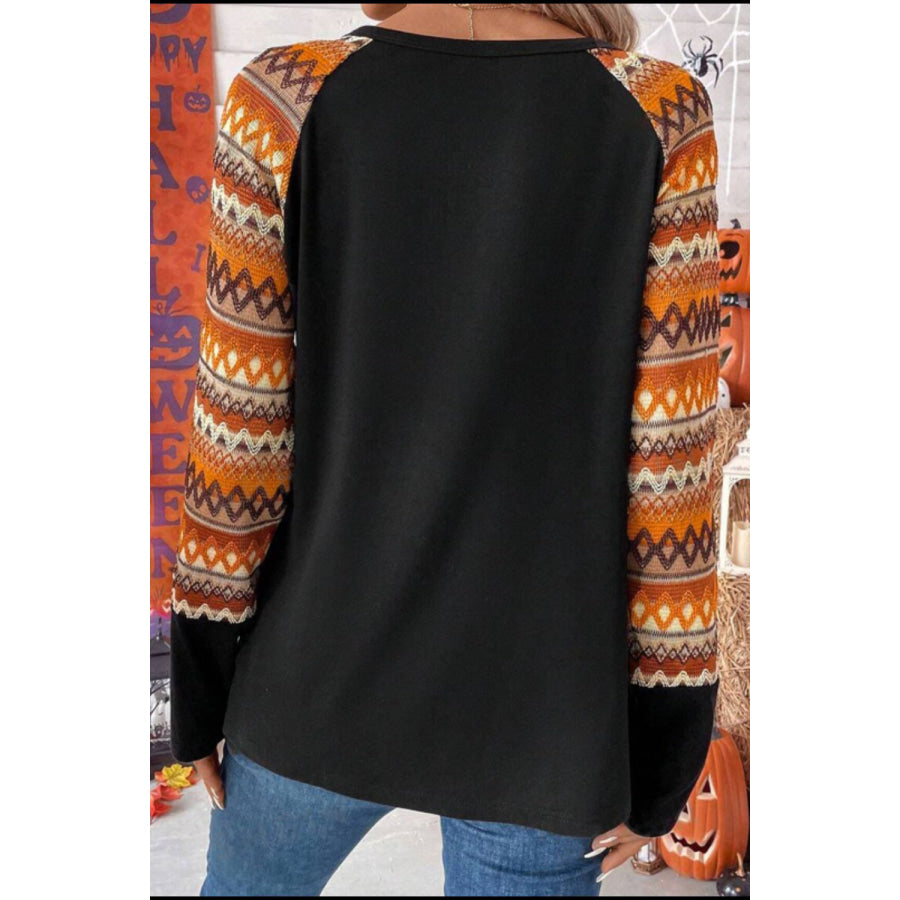 Printed Round Neck Raglan Sleeve Blouse Apparel and Accessories