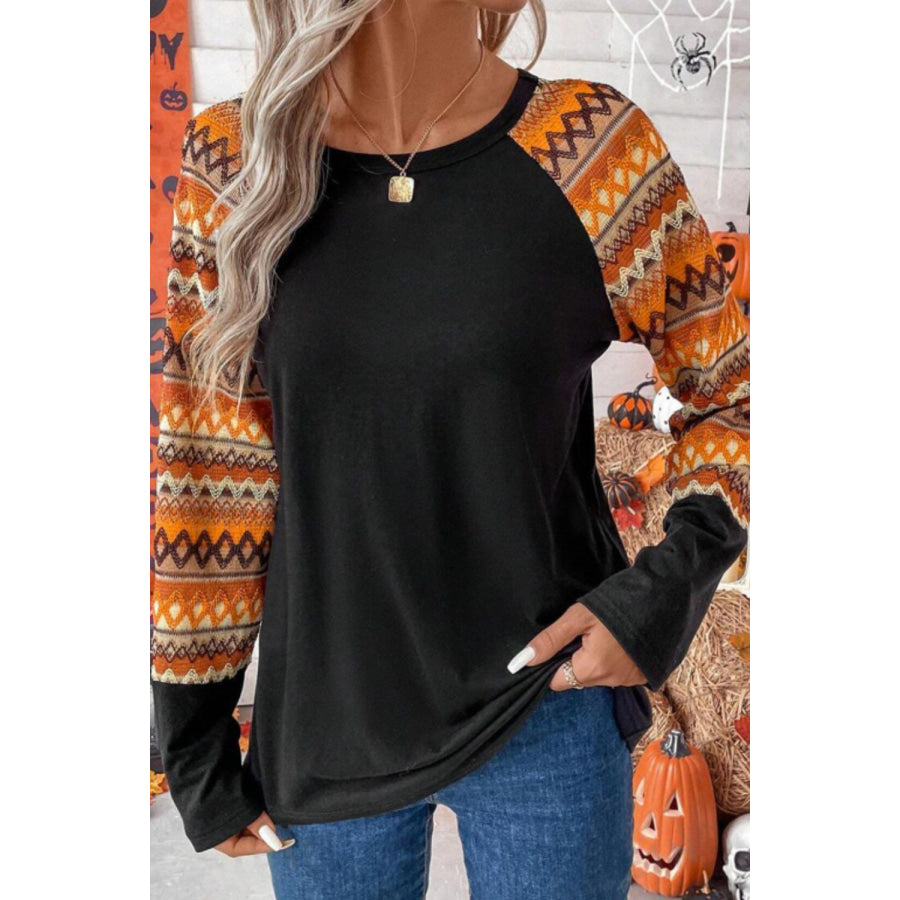 Printed Round Neck Raglan Sleeve Blouse Tangerine / S Apparel and Accessories