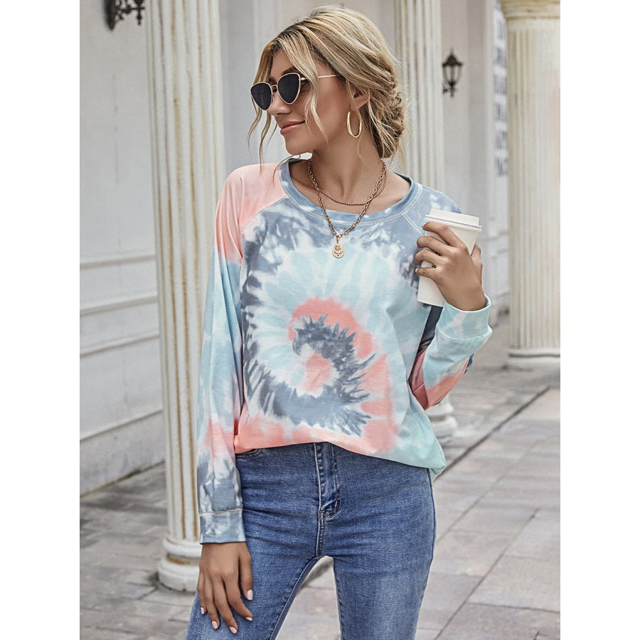 Printed Round Neck Raglan Sleeve Tee Cloudy Blue / S