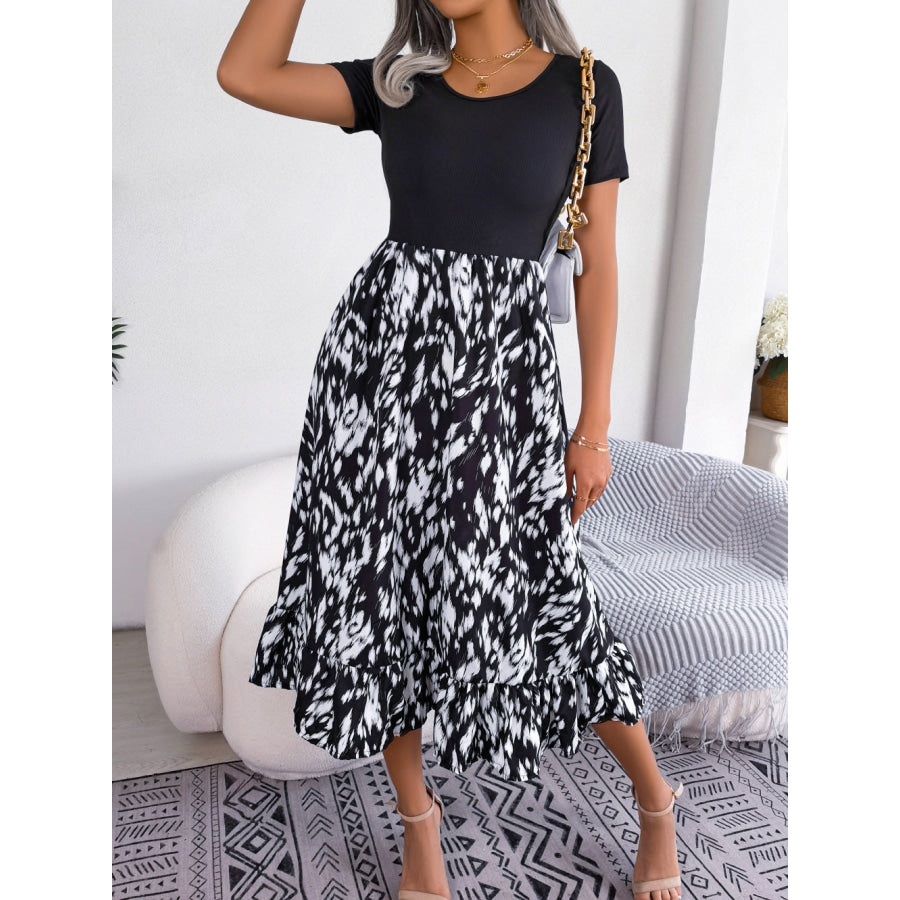 Printed Round Neck Ruffle Hem Dress Black / S