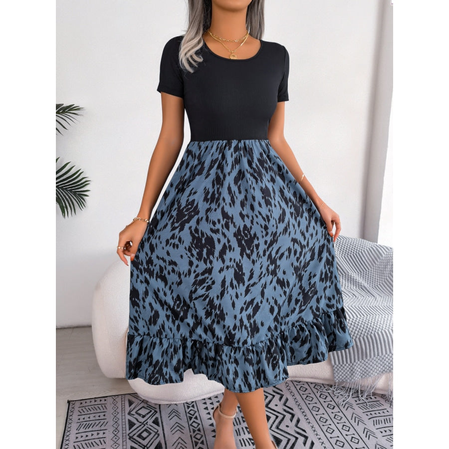 Printed Round Neck Ruffle Hem Dress Dusty Blue / S