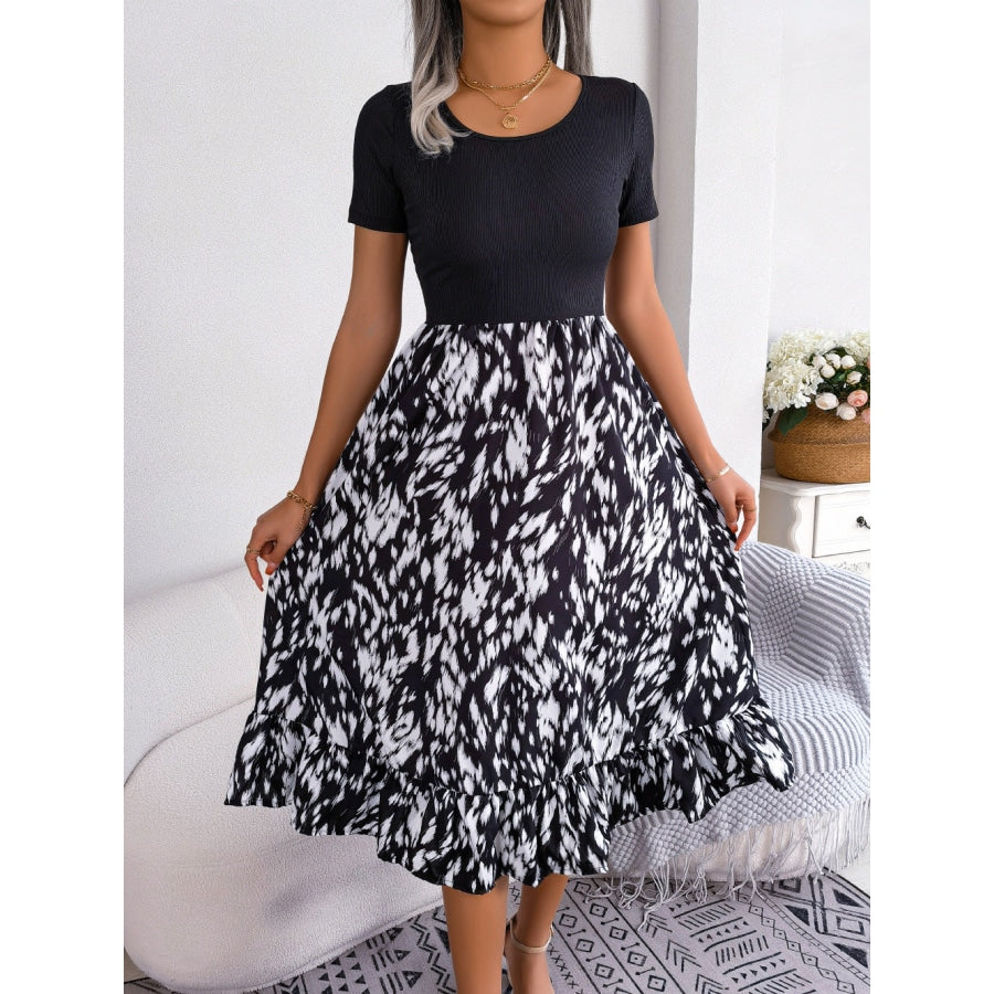 Printed Round Neck Ruffle Hem Dress