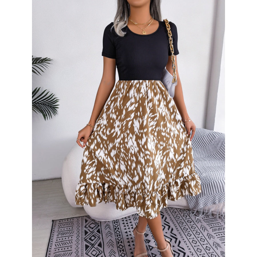 Printed Round Neck Ruffle Hem Dress