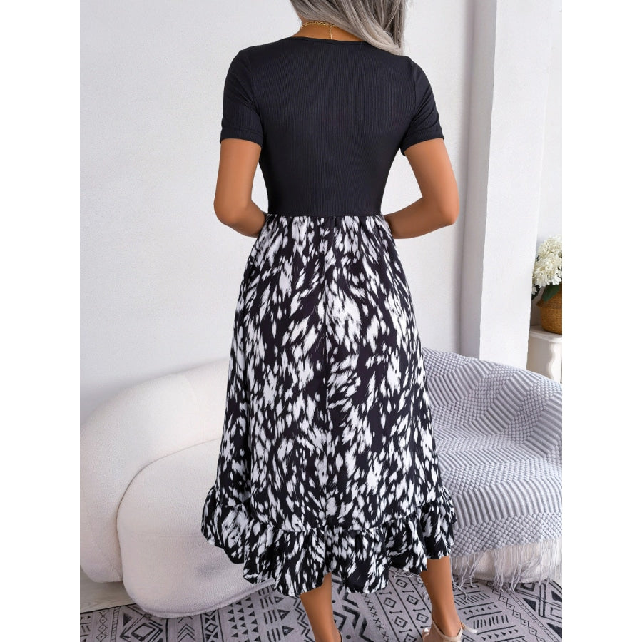 Printed Round Neck Ruffle Hem Dress