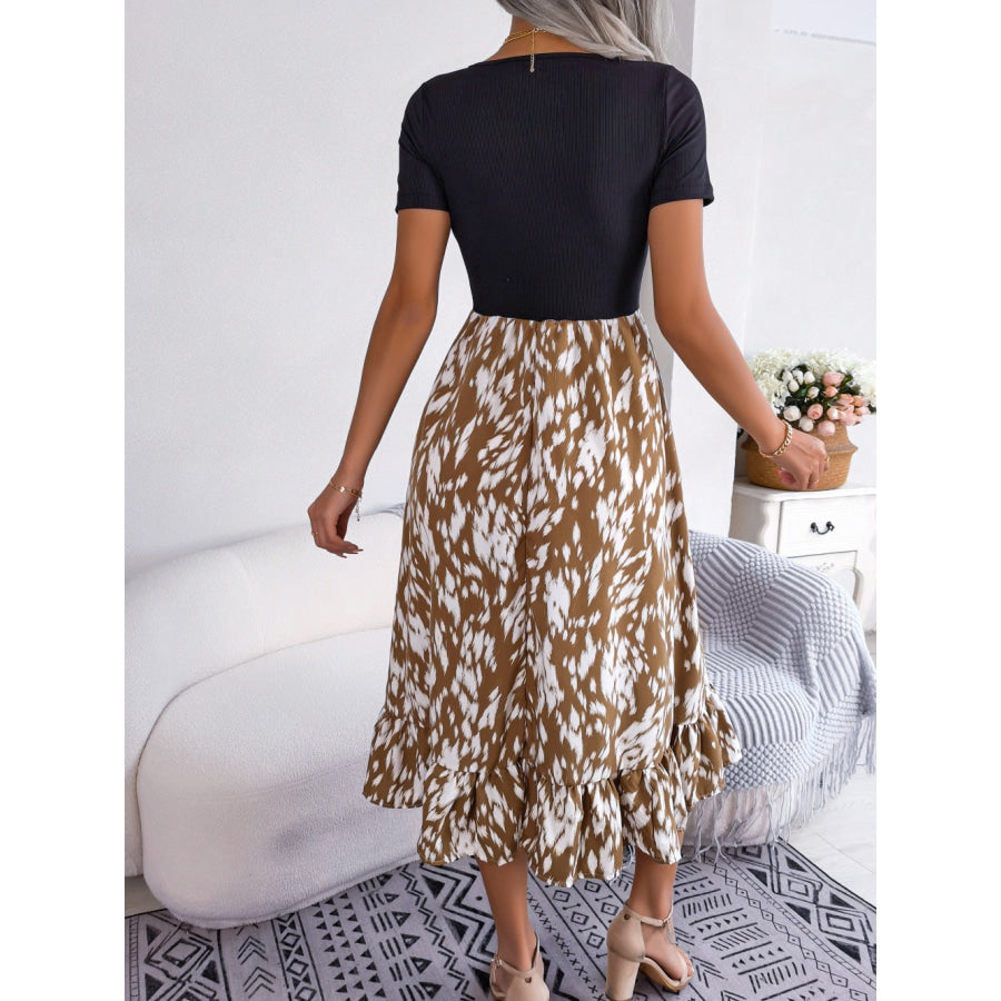 Printed Round Neck Ruffle Hem Dress