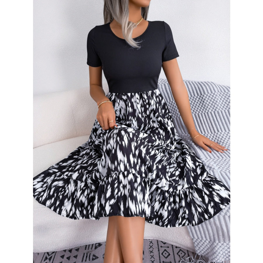 Printed Round Neck Ruffle Hem Dress