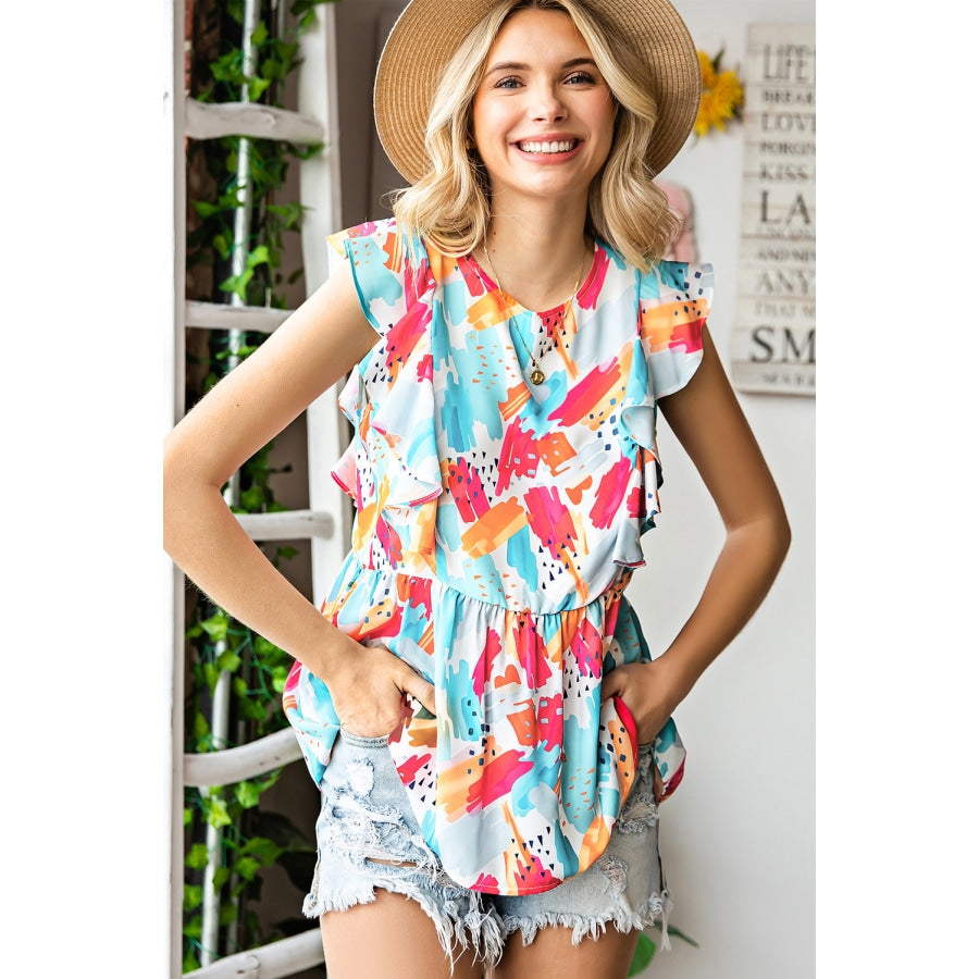 Printed Round Neck Ruffled Peplum Top