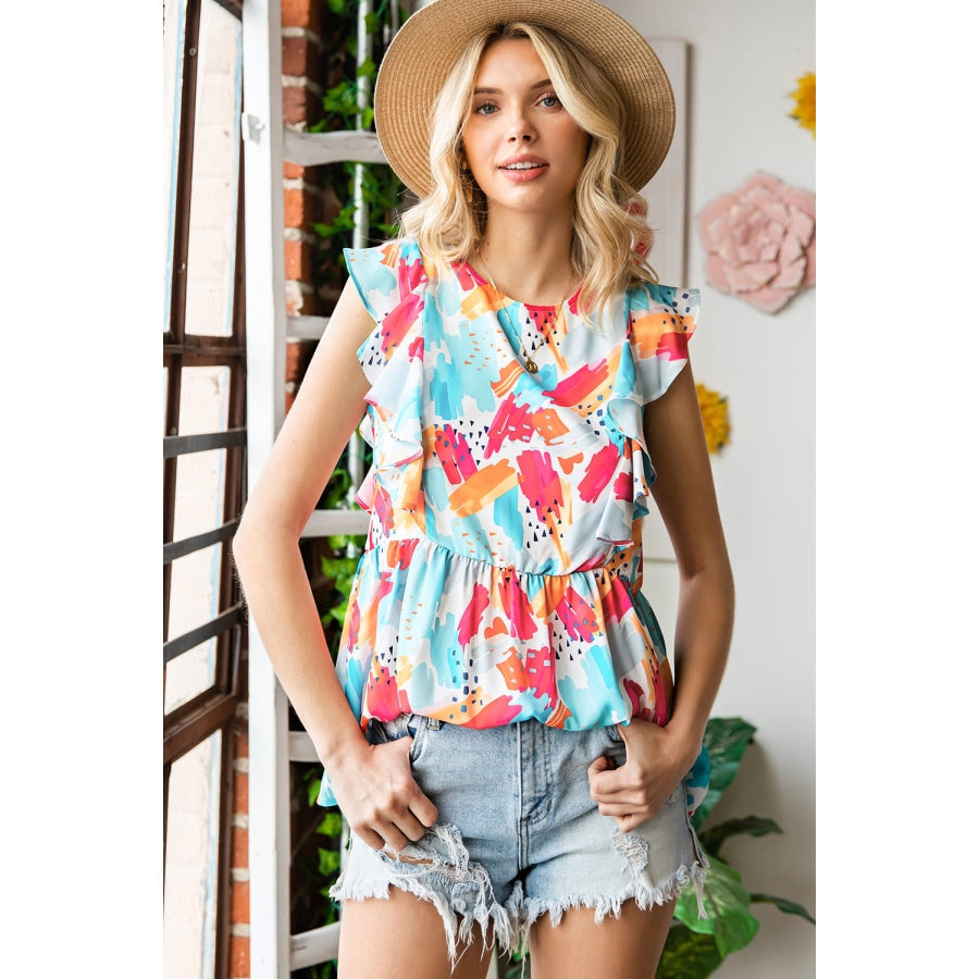 Printed Round Neck Ruffled Peplum Top