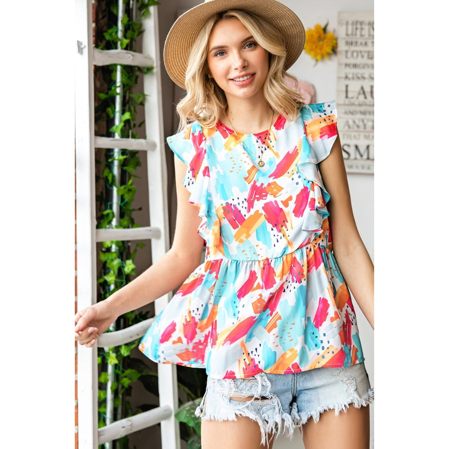 Printed Round Neck Ruffled Peplum Top