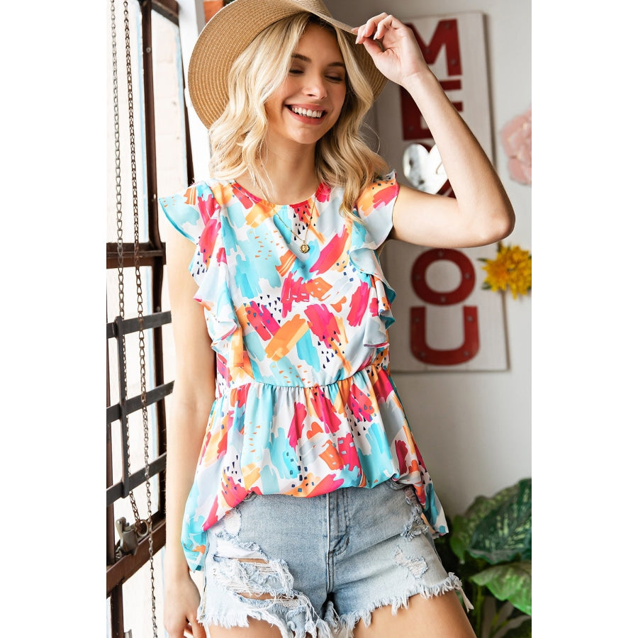 Printed Round Neck Ruffled Peplum Top