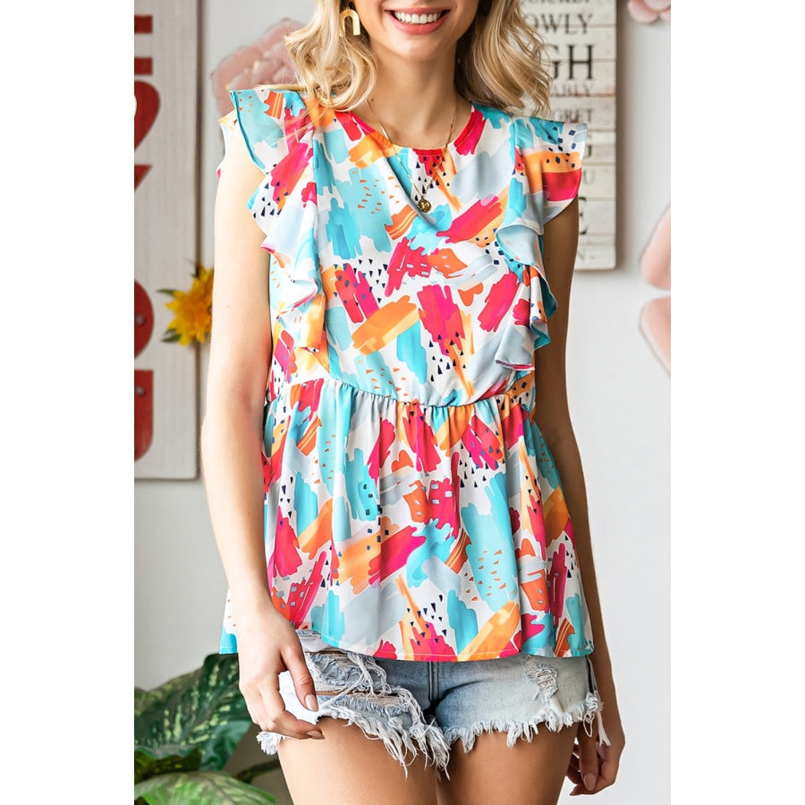 Printed Round Neck Ruffled Peplum Top