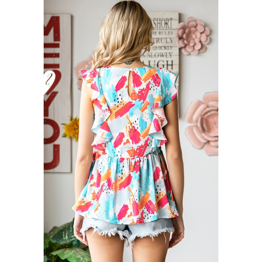 Printed Round Neck Ruffled Peplum Top Multicolor / S