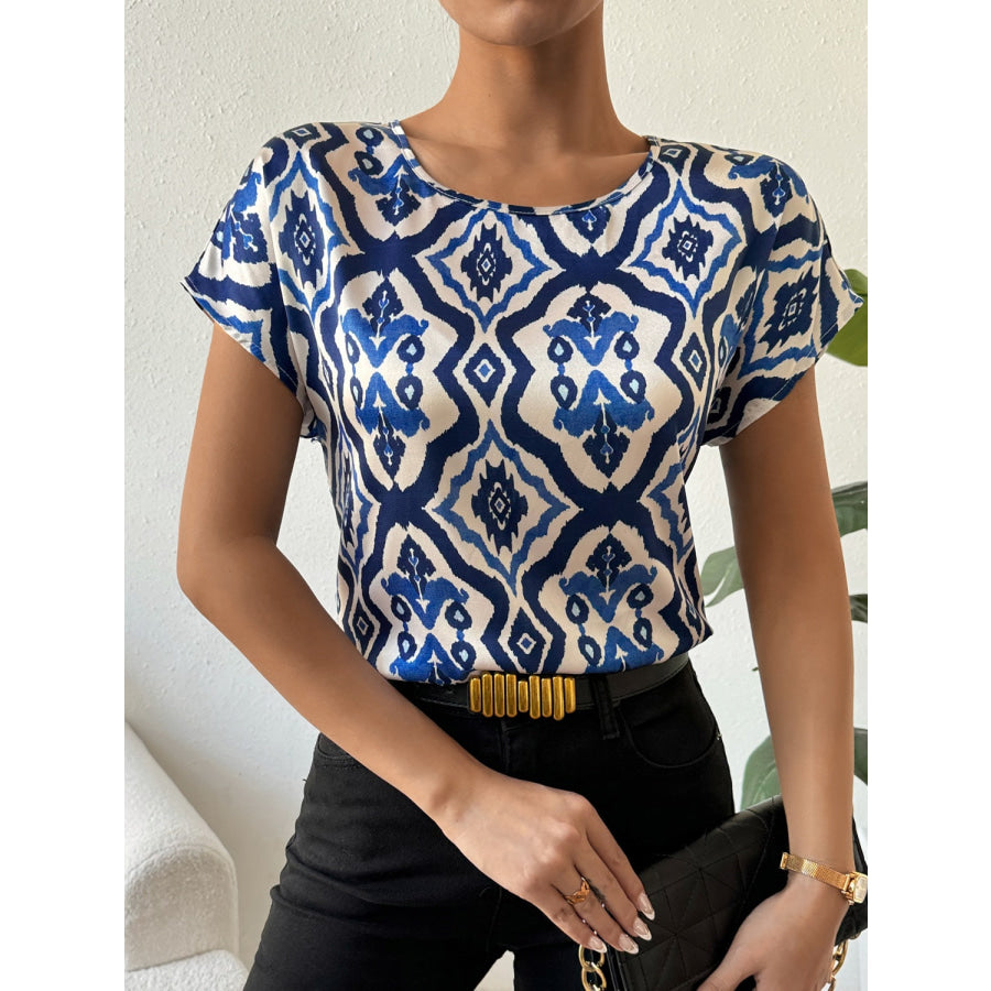 Printed Round Neck Short Sleeve Blouse Apparel and Accessories