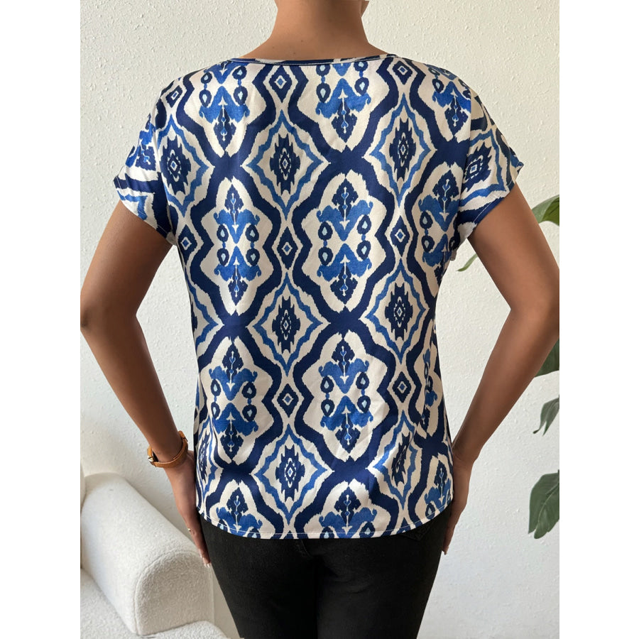 Printed Round Neck Short Sleeve Blouse Apparel and Accessories