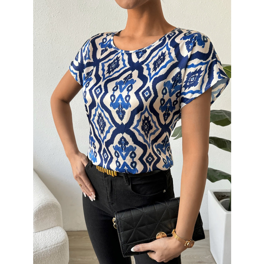 Printed Round Neck Short Sleeve Blouse Apparel and Accessories