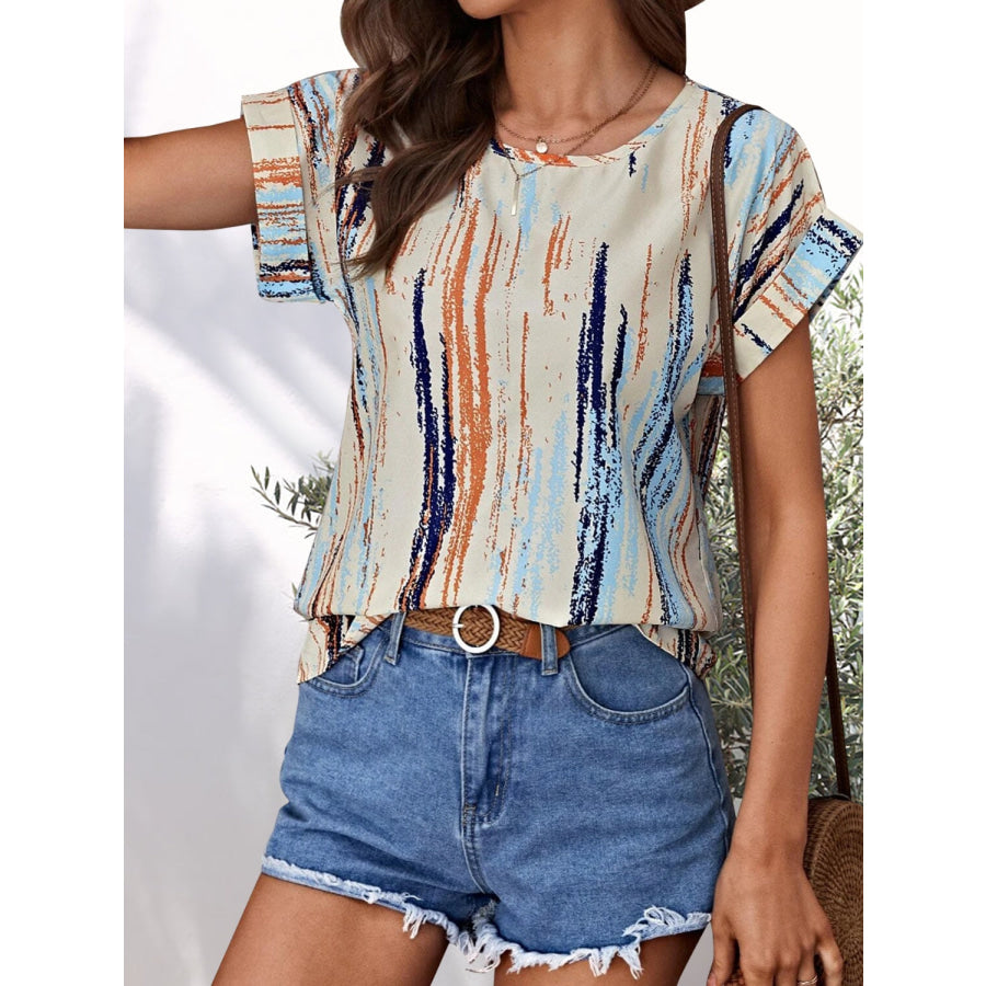 Printed Round Neck Short Sleeve Blouse Apparel and Accessories