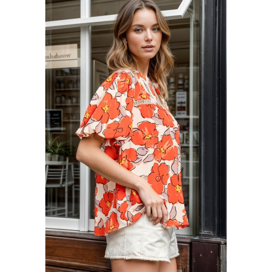 Printed Round Neck Short Sleeve Blouse Pumpkin / S Apparel and Accessories