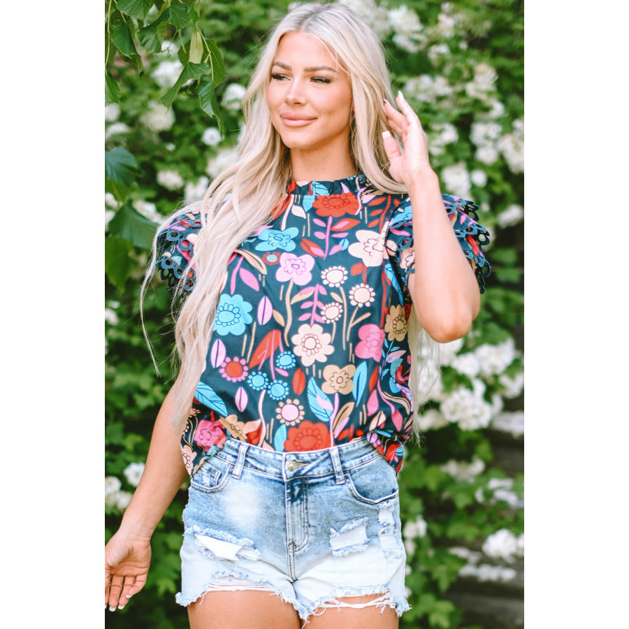 Printed Round Neck Short Sleeve Blouse Apparel and Accessories