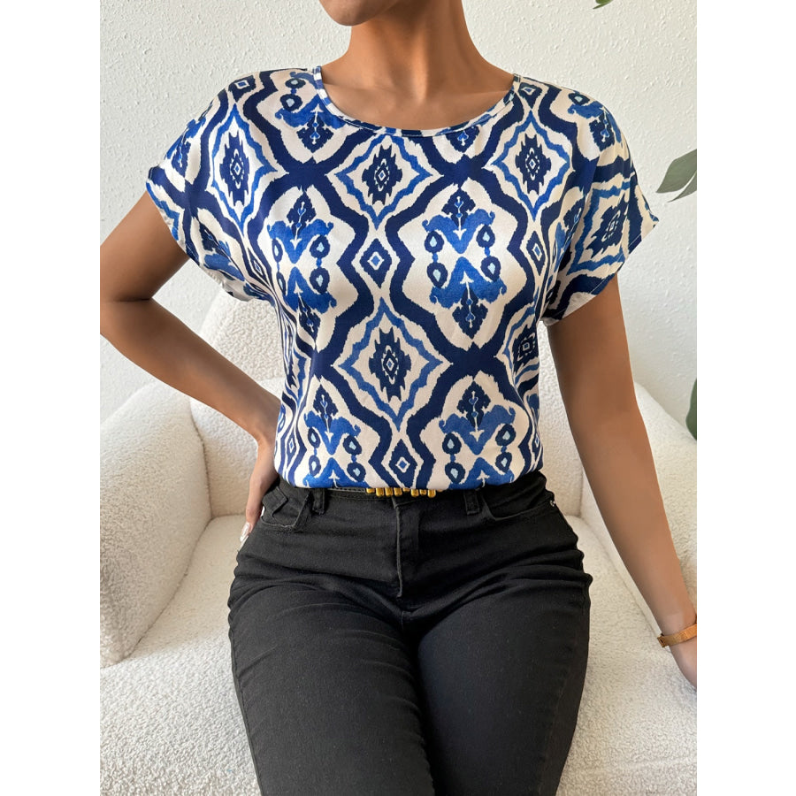 Printed Round Neck Short Sleeve Blouse Apparel and Accessories