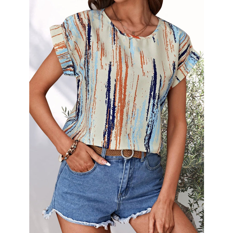 Printed Round Neck Short Sleeve Blouse Apparel and Accessories