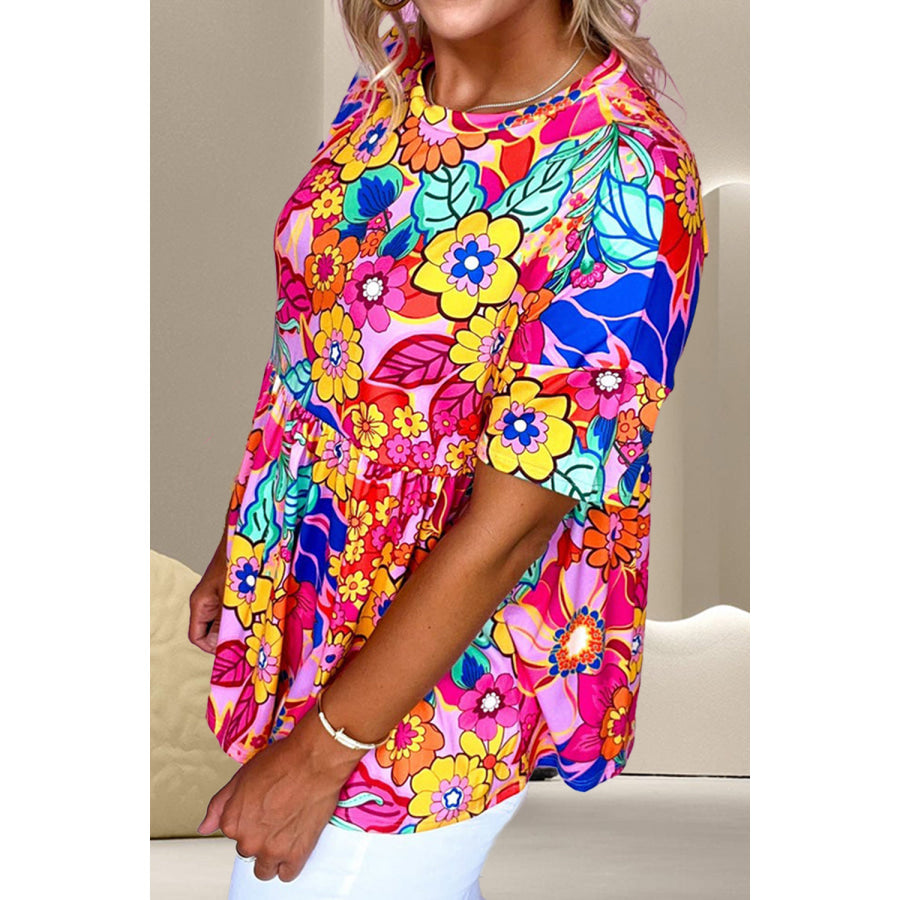 Printed Round Neck Short Sleeve Blouse Apparel and Accessories