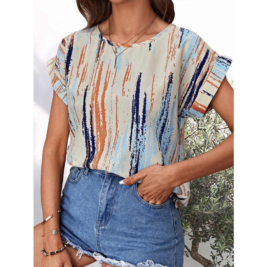 Printed Round Neck Short Sleeve Blouse Apparel and Accessories