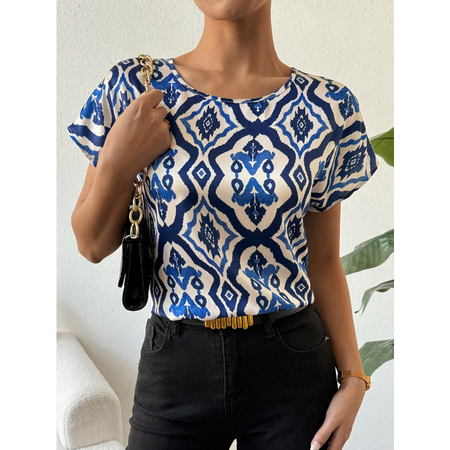 Printed Round Neck Short Sleeve Blouse Apparel and Accessories