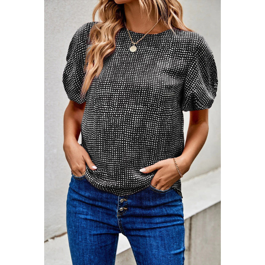 Printed Round Neck Short Sleeve Blouse Black / S Apparel and Accessories