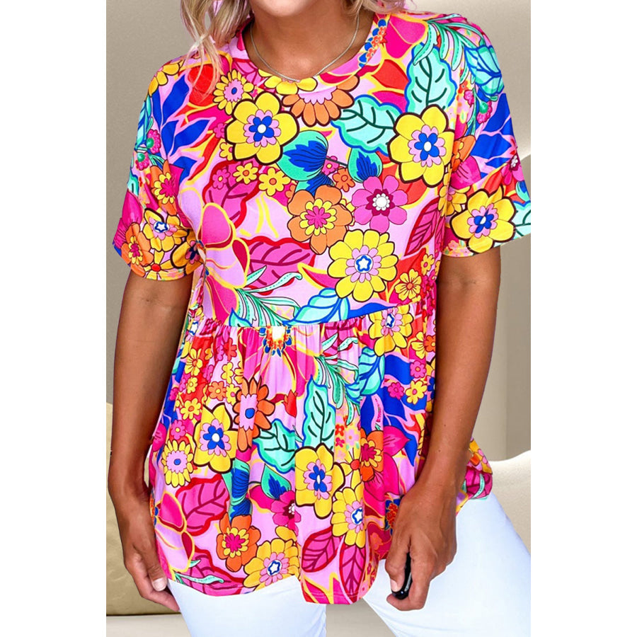 Printed Round Neck Short Sleeve Blouse Floral / S Apparel and Accessories